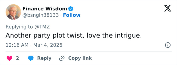 Twitter user Finance Wisdom commenting on a party plot twist involving David Harbour’s alleged partner.