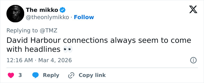 Tweet discussing David Harbour’s alleged partner and connections making headlines with party incident mentions.