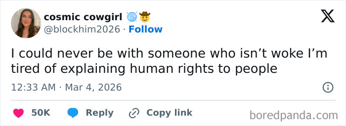 Social media post expressing frustration about explaining human rights in political discussions online.