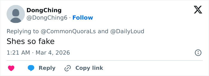 Tweet from DongChing6 commenting "Shes so fake" on discussion about Megan Fox's new Instagram photos sparking BBL rumors. Tweet from DongChing6 commenting "Shes so fake" on discussion about Megan Fox's new Instagram photos sparking BBL rumors.