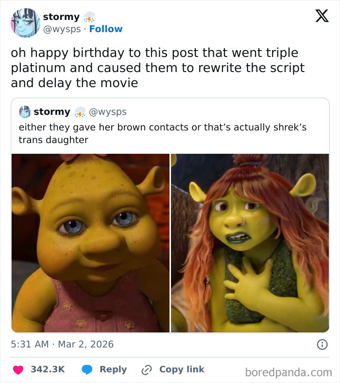 Tweet about movie and film industry memes featuring edited images of Shrek characters in a humorous context.