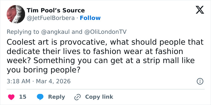 Tweet discussing fashion week outfits, questioning mainstream styles versus provocative Paris Fashion Week outfits.