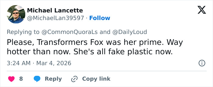 User comment about Megan Fox’s appearance and rumors of cosmetic procedures sparking online discussion about her look and potential BBL. User comment about Megan Fox’s appearance and rumors of cosmetic procedures sparking online discussion about her look and potential BBL.