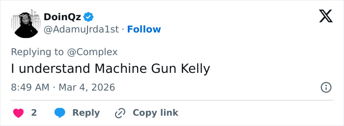 Screenshot of a tweet replying to Complex about Machine Gun Kelly, related to Megan Fox and BBL rumors on Instagram. Screenshot of a tweet replying to Complex about Machine Gun Kelly, related to Megan Fox and BBL rumors on Instagram.
