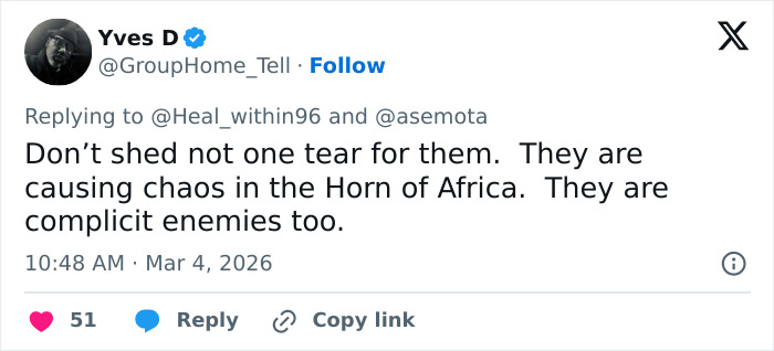 Tweet from Yves D discussing chaos in the Horn of Africa and complicity, related to Dubai labor camps realities.