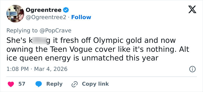 Tweet from Ogreetree2 praising Olympic hero Alysa Liu&rsquo;s fresh Olympic gold and Teen Vogue cover with unmatched ice queen energy.