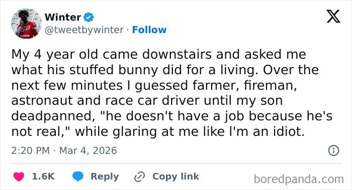 Tweet from a parent sharing honest and funny struggles about parenting, highlighting unexpected moments with their child.