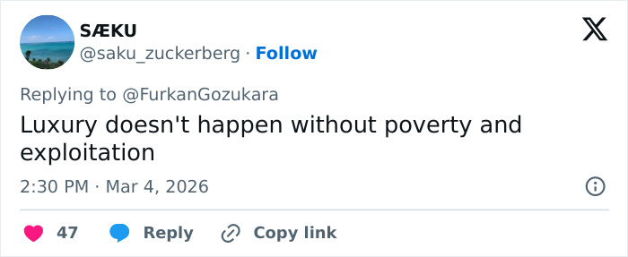 Tweet highlighting exploitation in Dubai's labor camps, emphasizing poverty behind luxury and harsh working conditions.