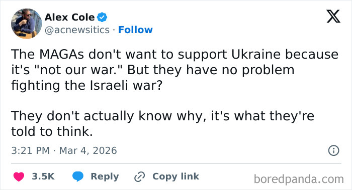Social media post debating political views on wars in Ukraine and Israel, reflecting brutally honest politics opinions.