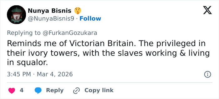 Tweet comparing Dubai labor camps to Victorian Britain, highlighting the harsh reality of worker living conditions in squalor.