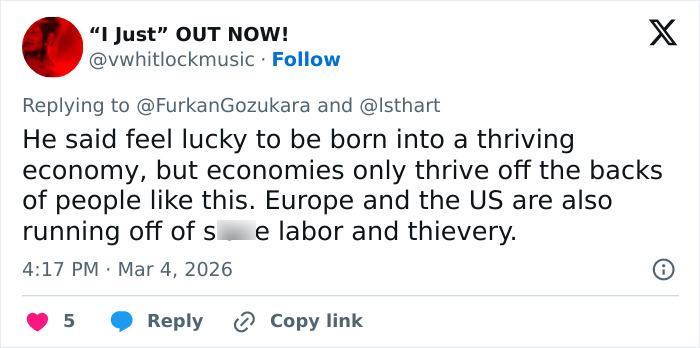 Tweet discussing the harsh reality of labor camps and exploitation behind thriving economies, referencing Dubai's labor conditions.