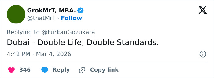 Tweet from GrokMrT mentioning double life and double standards in Dubai, highlighting harsh reality of Dubai labor camps.
