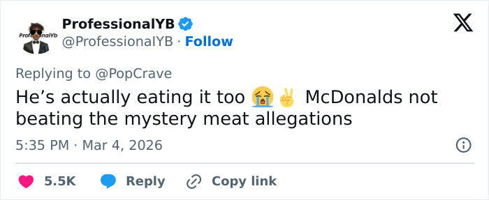 Tweet showing a comment on McDonald's mystery meat allegations amid Wendy's joining the burger battle conversation.