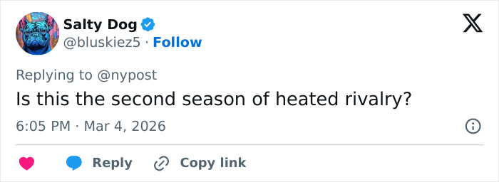 Tweet from user Salty Dog questioning if this is the second season of heated rivalry in water polo controversy. Tweet from user Salty Dog questioning if this is the second season of heated rivalry in water polo controversy.