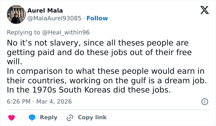 Twitter user Aurel Mala responding about Dubai labor camps, discussing payment and comparing Gulf jobs to past South Korean work.