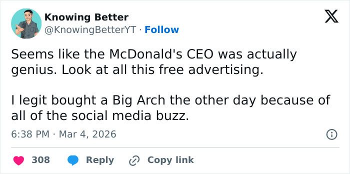 Tweet discussing McDonald's CEO viral buzz and Wendy's joining the burger battle with increased social media attention.