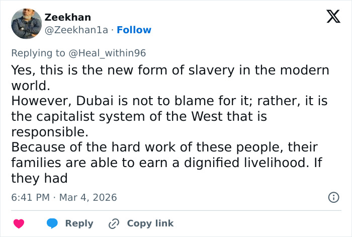 Tweet from Zeekhan on labor conditions in Dubai discussing the harsh reality and capitalist system behind labor camps.