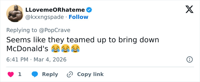 Tweet from user LLovemeORhateme reacting to a viral event involving McDonald's CEO in the burger battle discussion.