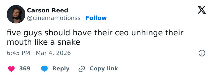 Tweet by Carson Reed criticizing a CEO in the burger battle after McDonald's CEO's viral incident.
