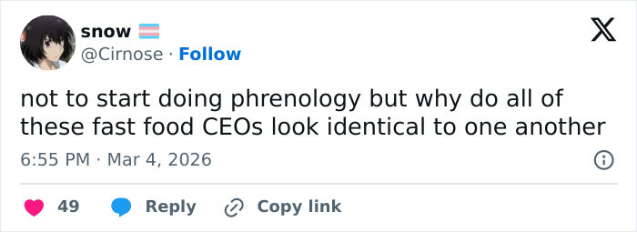Tweet by user snow about fast food CEOs looking identical, referencing the burger battle involving Wendy's and McDonald's CEO viral event.