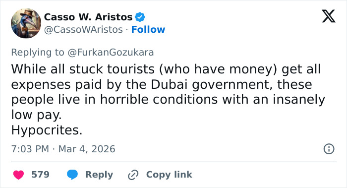 Tweet exposing harsh reality of Dubai labor camps highlights poor conditions and low pay for workers versus tourists.