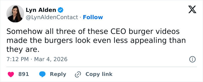 Tweet from Lyn Alden commenting on CEO burger videos and their impact on burger appeal during burger battle competition.
