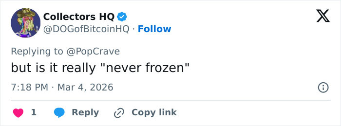 Tweet from Collectors HQ questioning the claim of never frozen burgers amid Wendy's burger battle with McDonald's viral CEO disaster.
