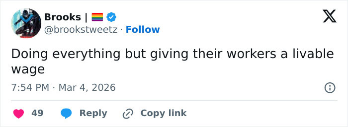 Screenshot of a tweet criticizing worker wages, related to Wendy's joining the burger battle after McDonald's viral CEO incident.