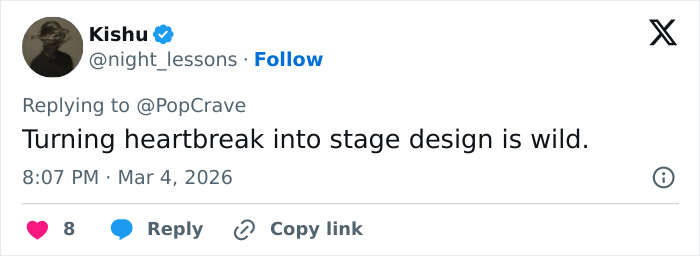 Tweet by user Kishu commenting on stage design inspired by heartbreak, related to David Harbour’s alleged partner incident at Lily Allen producer’s party.