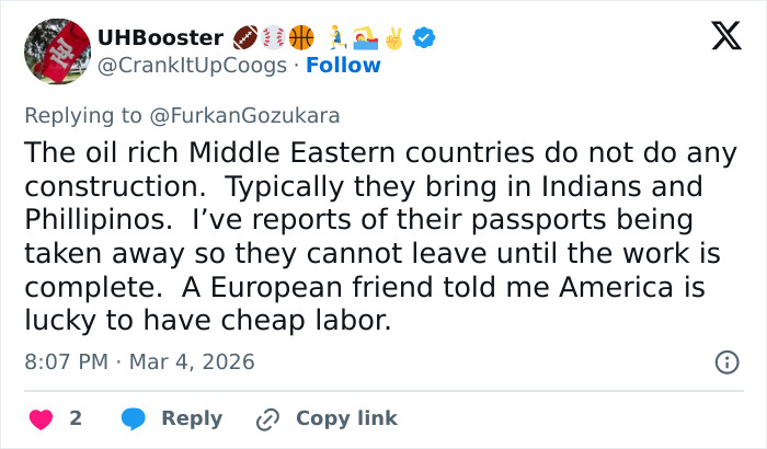 Tweet discussing labor conditions involving passport confiscation in Dubai's labor camps exposing harsh realities.