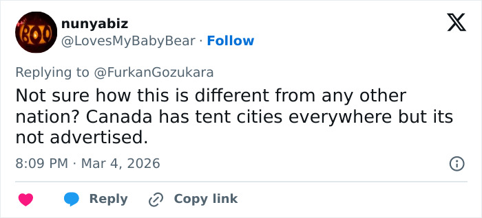 Twitter reply discussing tent cities and comparing them to labor camps in Dubai, highlighting viral video exposure of harsh conditions.