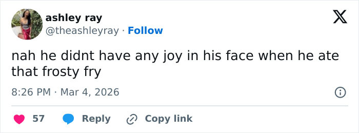 Tweet by user ashley ray commenting on lack of joy eating a frosty fry amid Wendy's burger battle with McDonald's CEO.