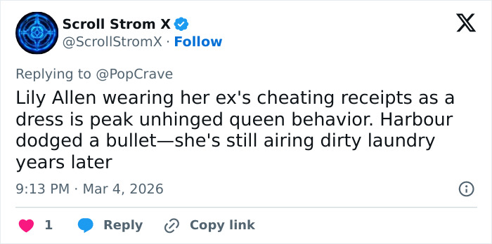 Tweet about David Harbour’s alleged partner being kicked out of Lily Allen producer’s party over dramatic behavior.