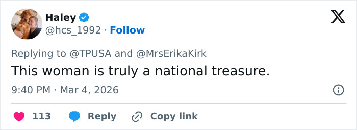 Alt text: Social media post praising Erika Kirk amid criticism related to her kids and Charlie&rsquo;s legacy allegations.