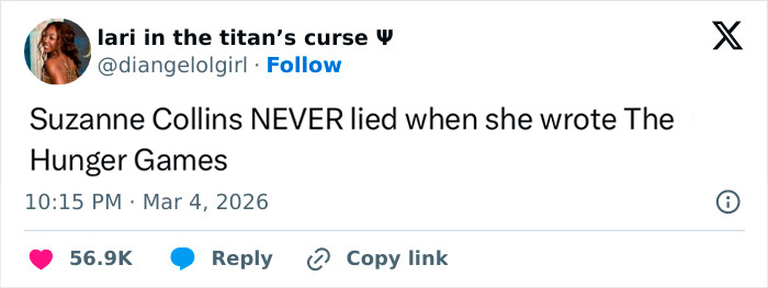 Tweet praising Suzanne Collins' accuracy in The Hunger Games, shared during Paris Fashion Week outfits frenzy discussion.