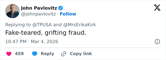 Screenshot of a tweet criticizing Erika Kirk amid allegations involving her kids and Charlie&rsquo;s legacy controversy online.