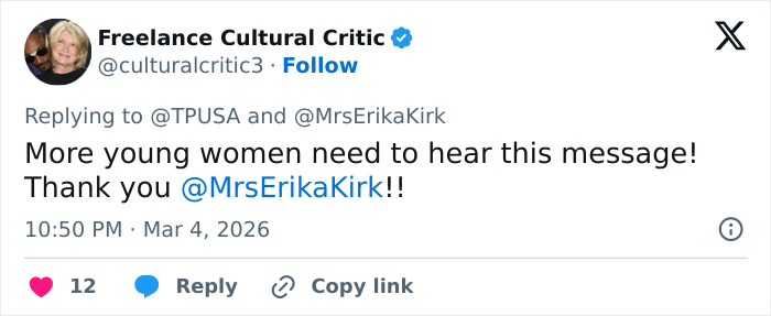 Screenshot of a tweet praising Erika Kirk for her message amid allegations involving her kids and Charlie&rsquo;s legacy.