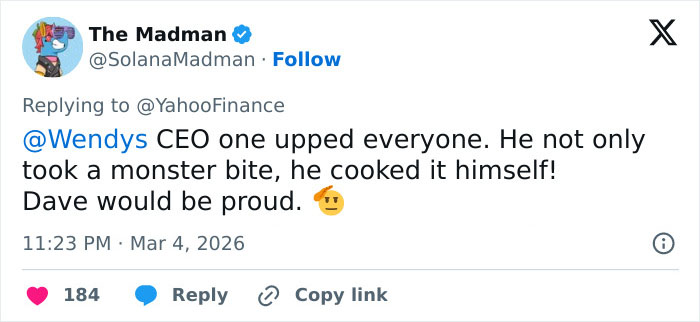 Tweet from The Madman praising Wendy's CEO for surpassing others in the burger battle after McDonald's viral CEO incident.