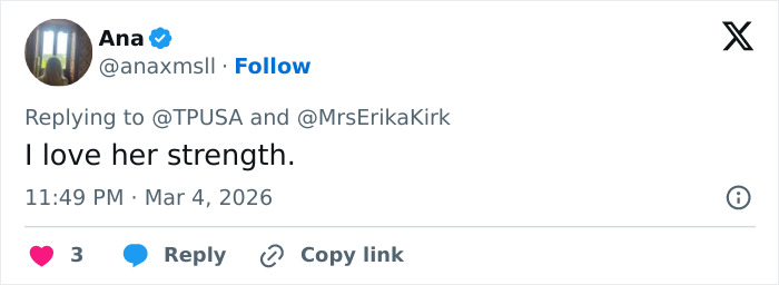 Screenshot of a tweet supporting Erika Kirk amid criticism involving her kids and Charlie&rsquo;s legacy allegations.