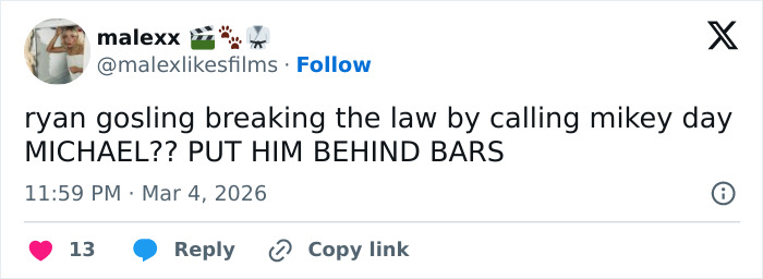 Screenshot of a social media post discussing Ryan Gosling’s leaked phone call with Mikey Day and fan reactions.