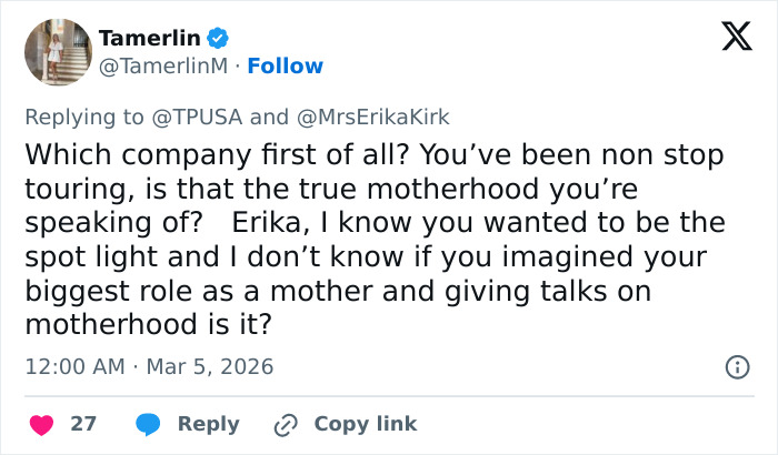 Screenshot of a tweet criticizing Erika Kirk amid allegations involving her kids and Charlie&rsquo;s legacy.