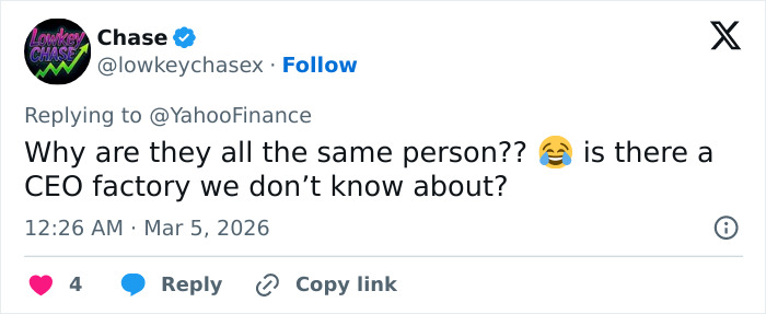 Tweet from user Chase questioning if all CEOs look the same, referencing burger battle and McDonald's viral CEO event.