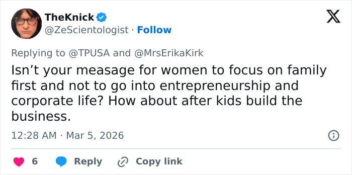 Tweet discussing Erika Kirk&rsquo;s message about family, kids, and entrepreneurship amid criticism of Charlie&rsquo;s legacy.