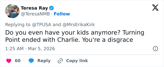 Screenshot of a tweet criticizing Erika Kirk about her kids and Charlie&rsquo;s legacy amid growing public backlash.