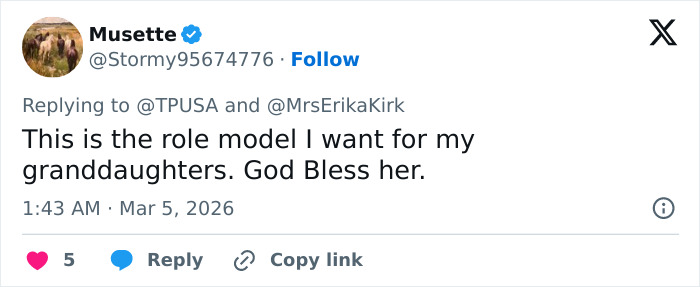Tweet praising Erika Kirk as a role model for granddaughters amid allegations involving her kids and Charlie&rsquo;s legacy.