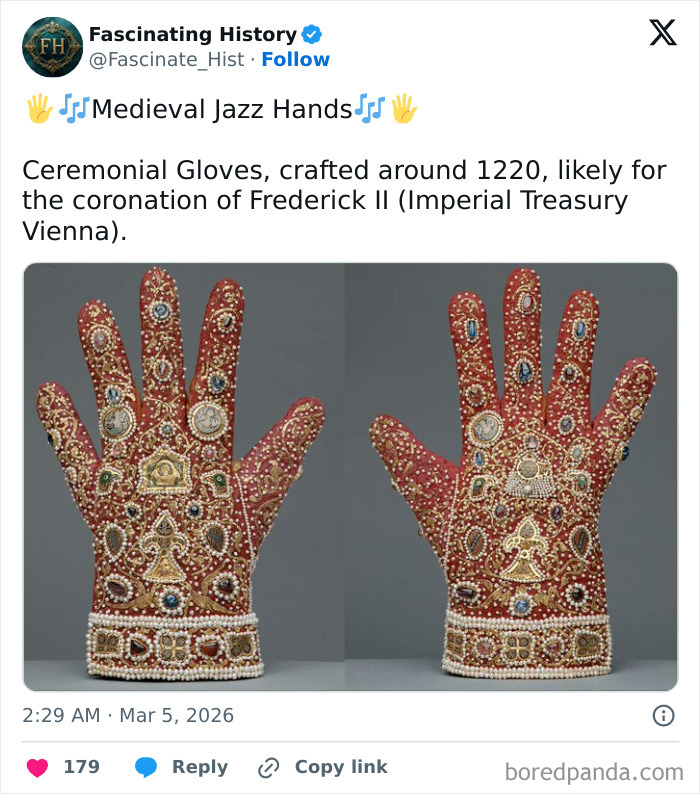 Ornate medieval ceremonial gloves from 1220 adorned with jewels, a historical treasure showing advanced craftsmanship of the past.