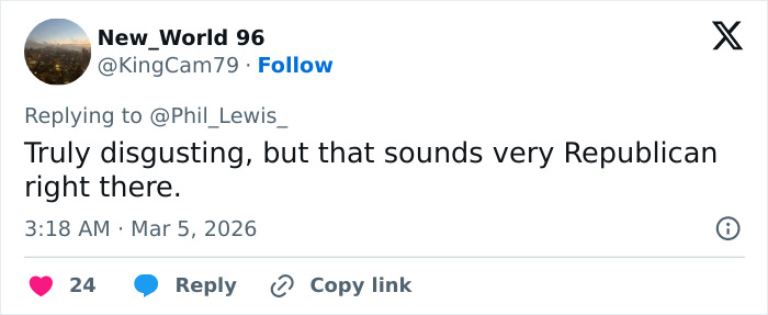 Tweet from New_World 96 criticizing a Republican, related to disturbing texts from Turning Point USA college president exposed.