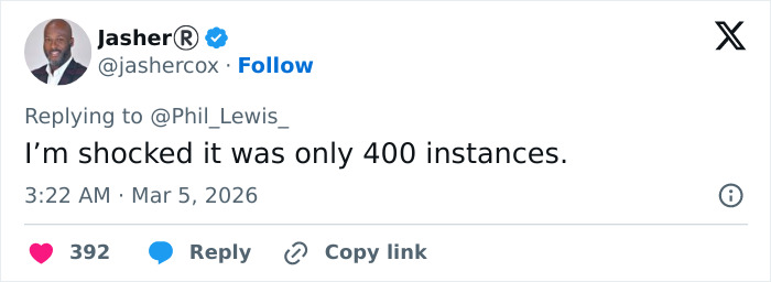 Twitter reply from Jasher&reg; expressing shock about 400 instances related to disturbing texts from Turning Point USA president.