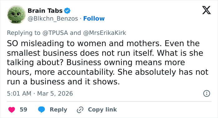 Tweet from Brain Tabs responding to Erika Kirk, criticizing her understanding of business ownership and accountability.