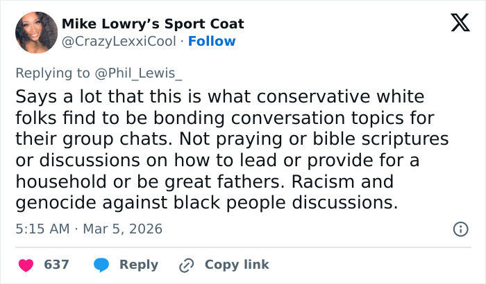 Screenshot of a tweet discussing conservative group chats related to Turning Point USA college president controversy.